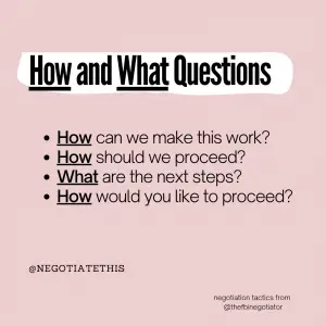 how and what questions
how can we make this work?
how should we proceed?
what are the next steps?
how would you like to proceed?